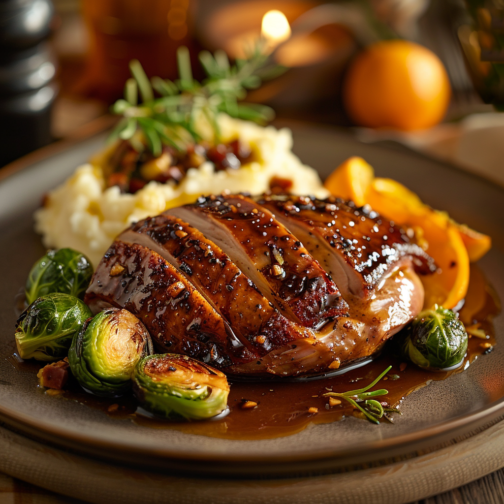 Geroosterde eend met sinaasappel-glazuur en spruitjes