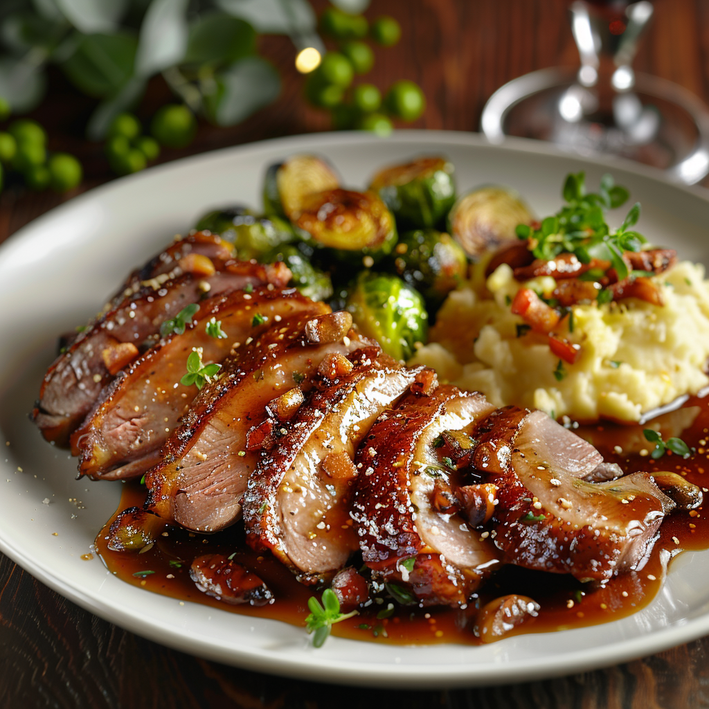 Geroosterde eend met sinaasappel-glazuur en spruitjes