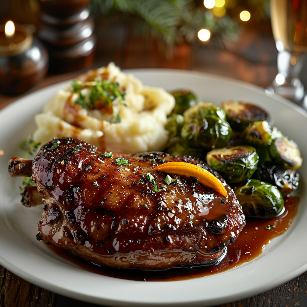 Geroosterde eend met sinaasappel-glazuur en spruitjes