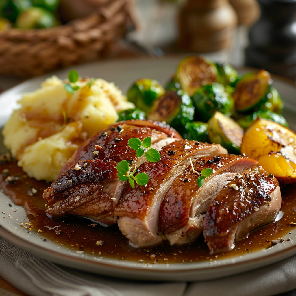 Geroosterde eend met sinaasappel-glazuur en spruitjes