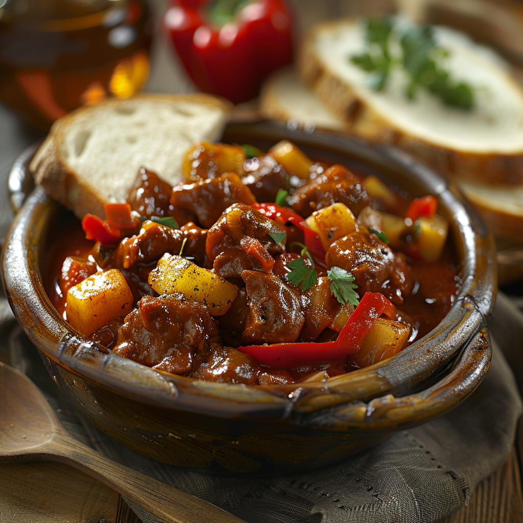 Goulash ovenschotel met paprika en aardappelblokjes