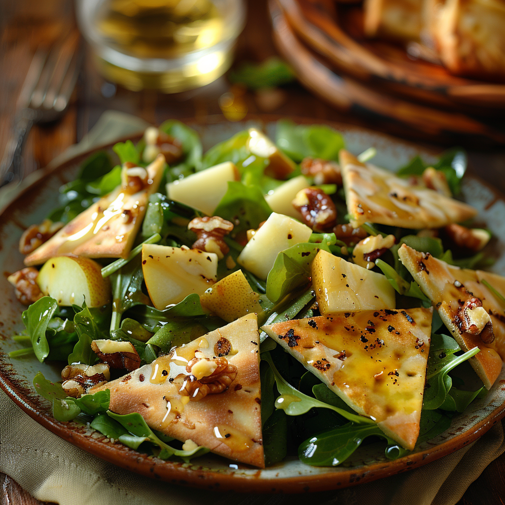 Groene salade met peer, brie en honing-walnootpita’s