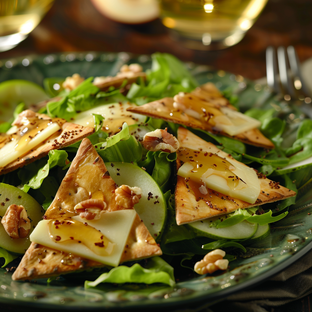 Groene salade met peer, brie en honing-walnootpita’s