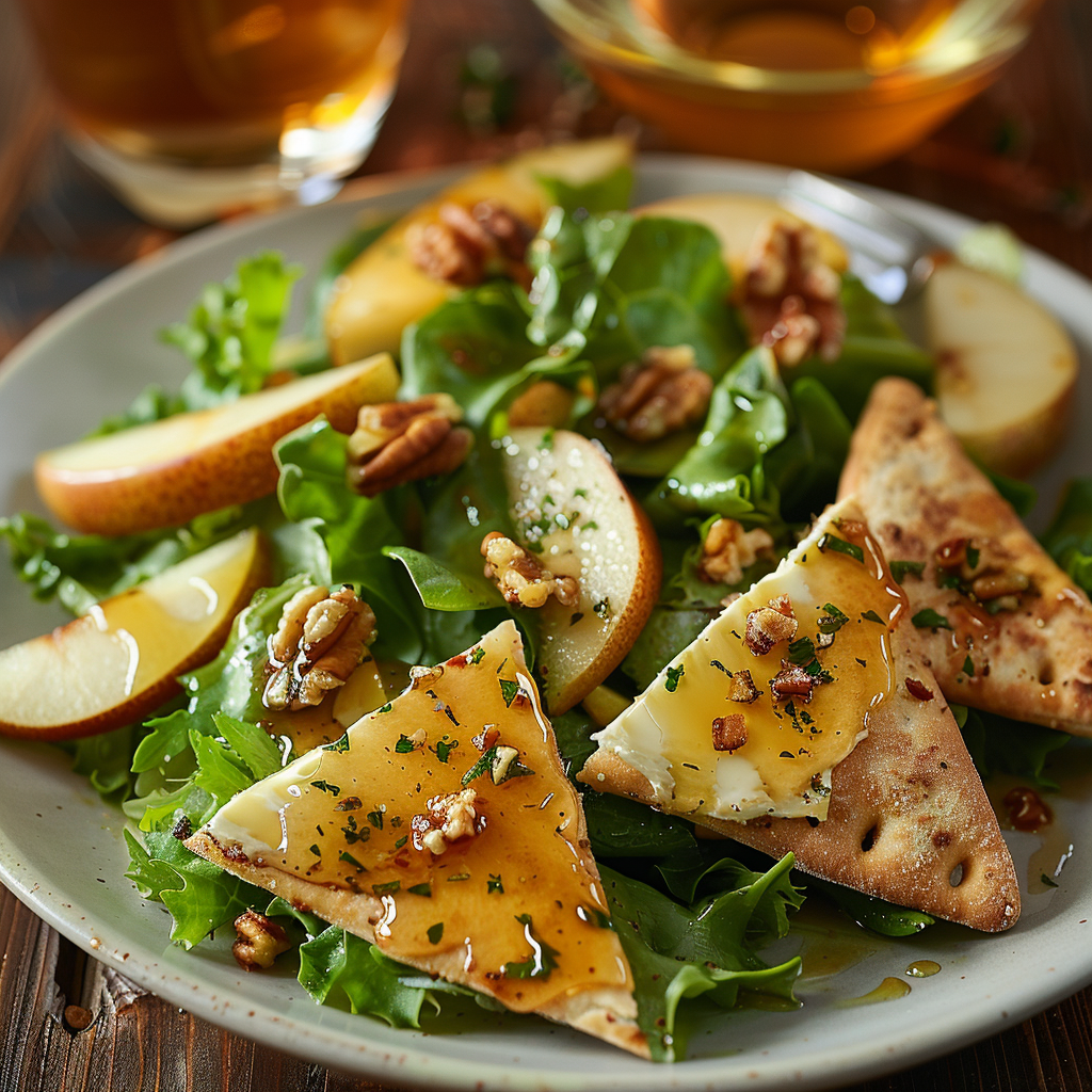 Groene salade met peer, brie en honing-walnootpita’s