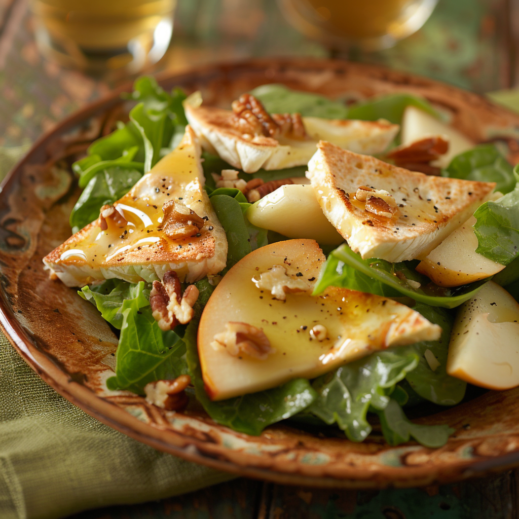 Groene salade met peer, brie en honing-walnootpita’s