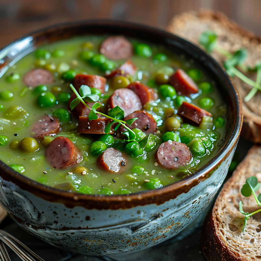 Hollandse erwtensoep met rookworst en roggebrood