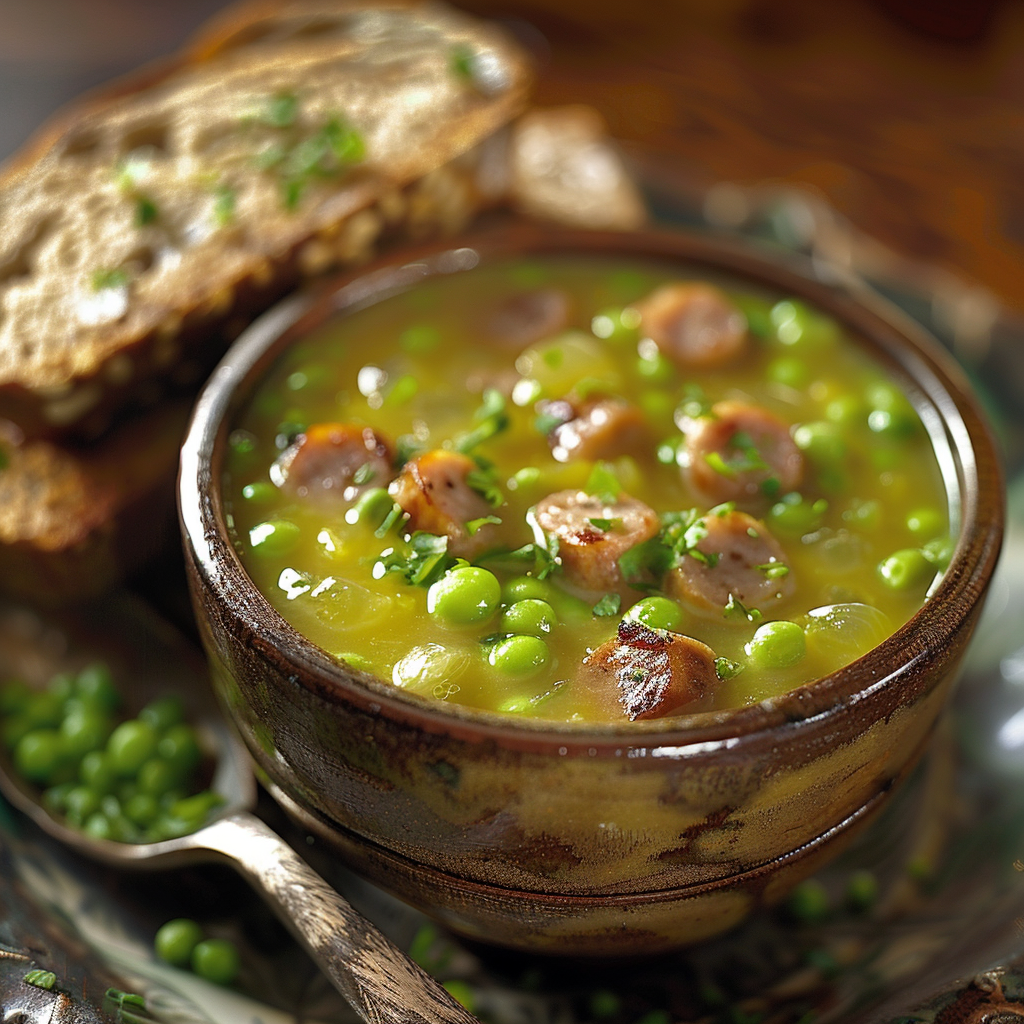 Hollandse erwtensoep met rookworst en roggebrood
