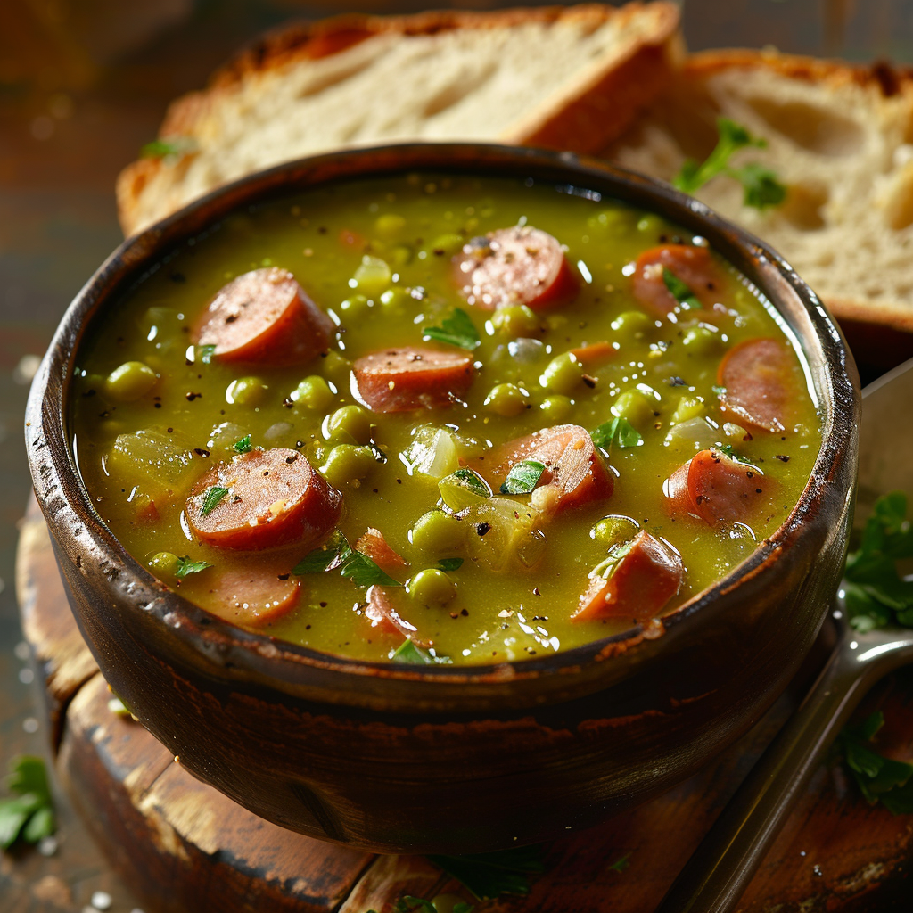 Hollandse erwtensoep met rookworst en roggebrood