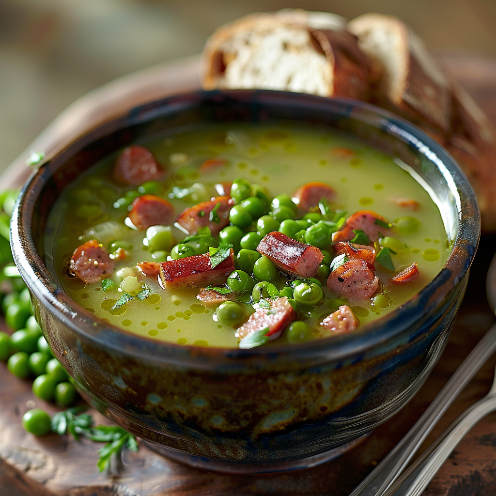Hollandse erwtensoep met rookworst en roggebrood