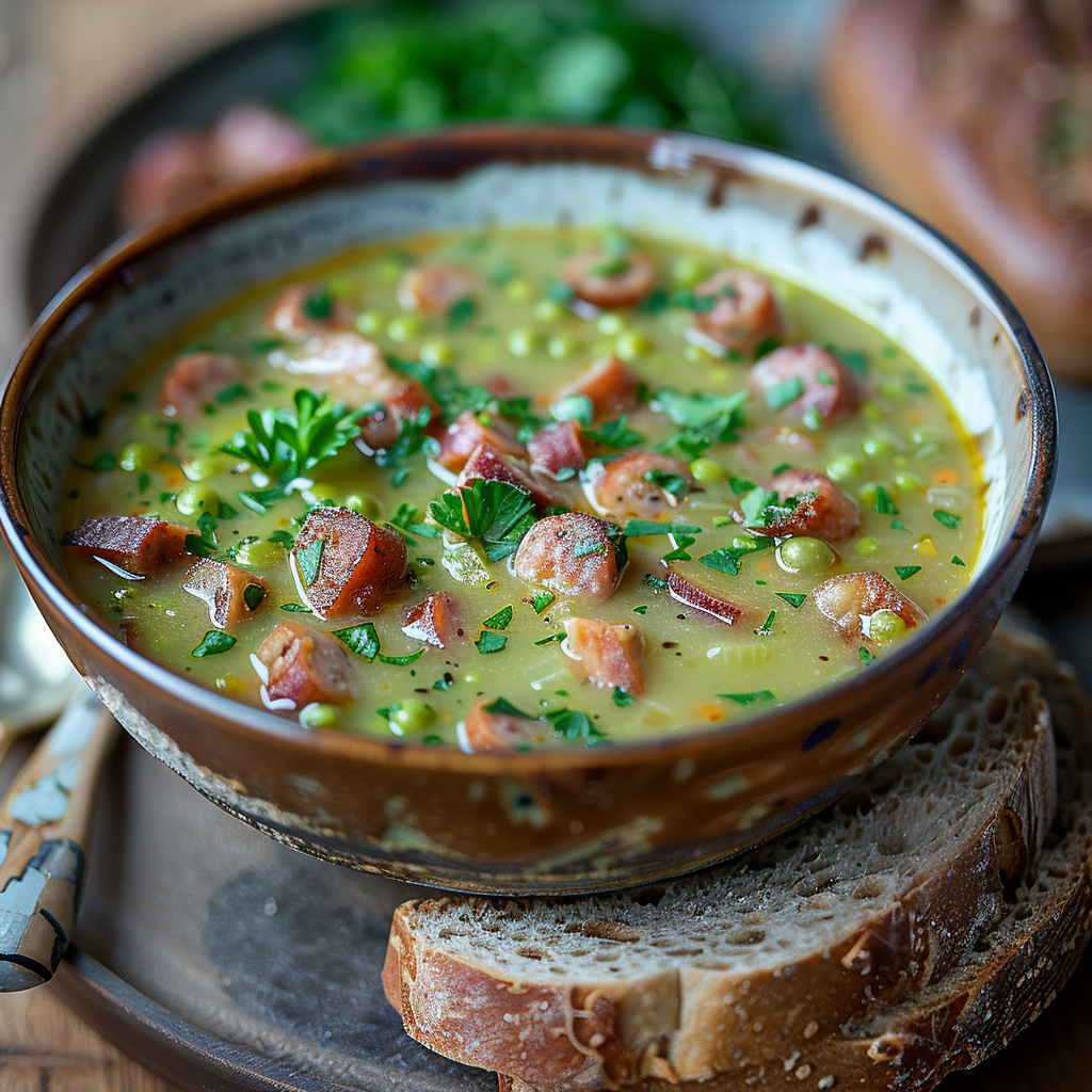 Hollandse erwtensoep met rookworst en roggebrood