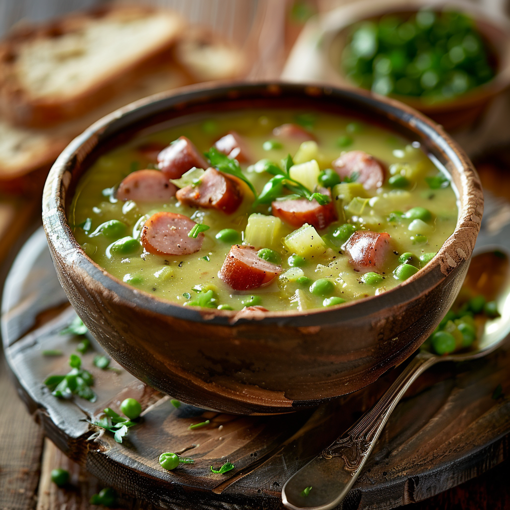Hollandse erwtensoep met rookworst en roggebrood