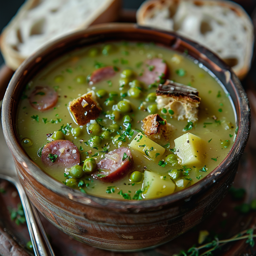 Hollandse erwtensoep met rookworst en roggebrood