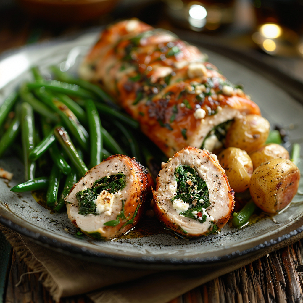 Kalkoenrollade gevuld met spinazie en feta