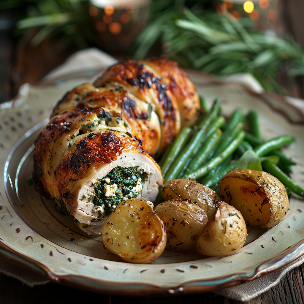 Kalkoenrollade gevuld met spinazie en feta