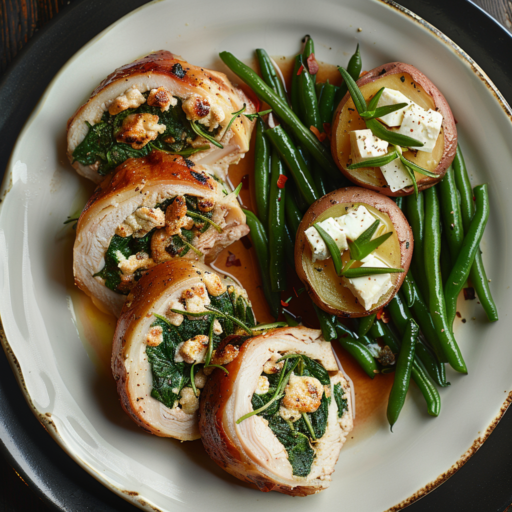 Kalkoenrollade gevuld met spinazie en feta
