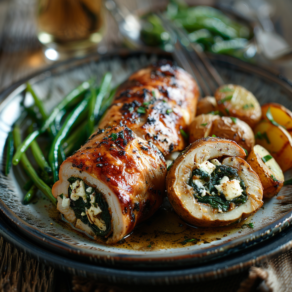 Kalkoenrollade gevuld met spinazie en feta