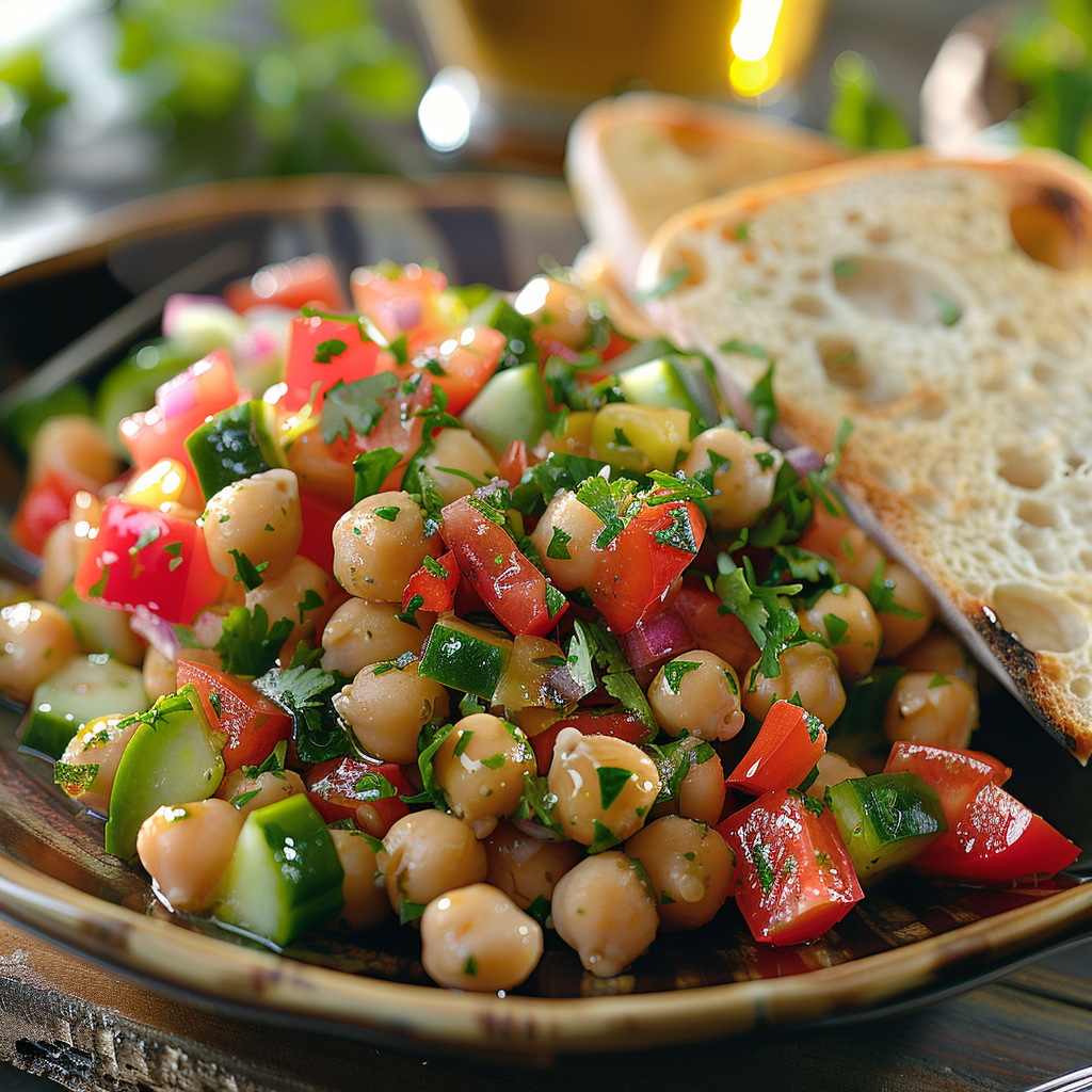 Kikkererwtensalade met komkommer, paprika en tahinidressing