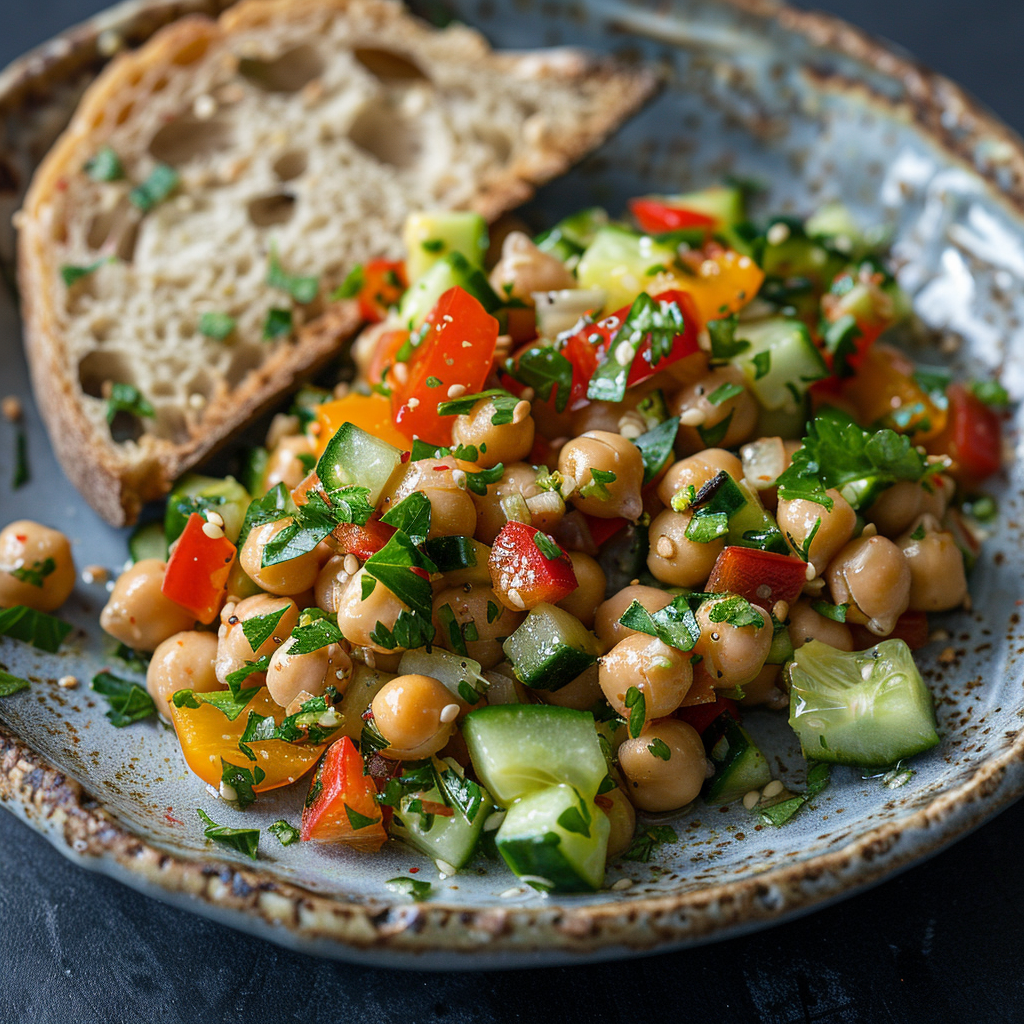 Kikkererwtensalade met komkommer, paprika en tahinidressing