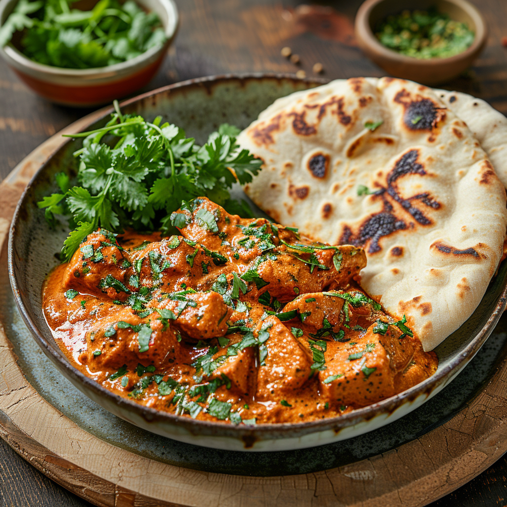 Kip-tikka masala met naanbrood en verse koriander