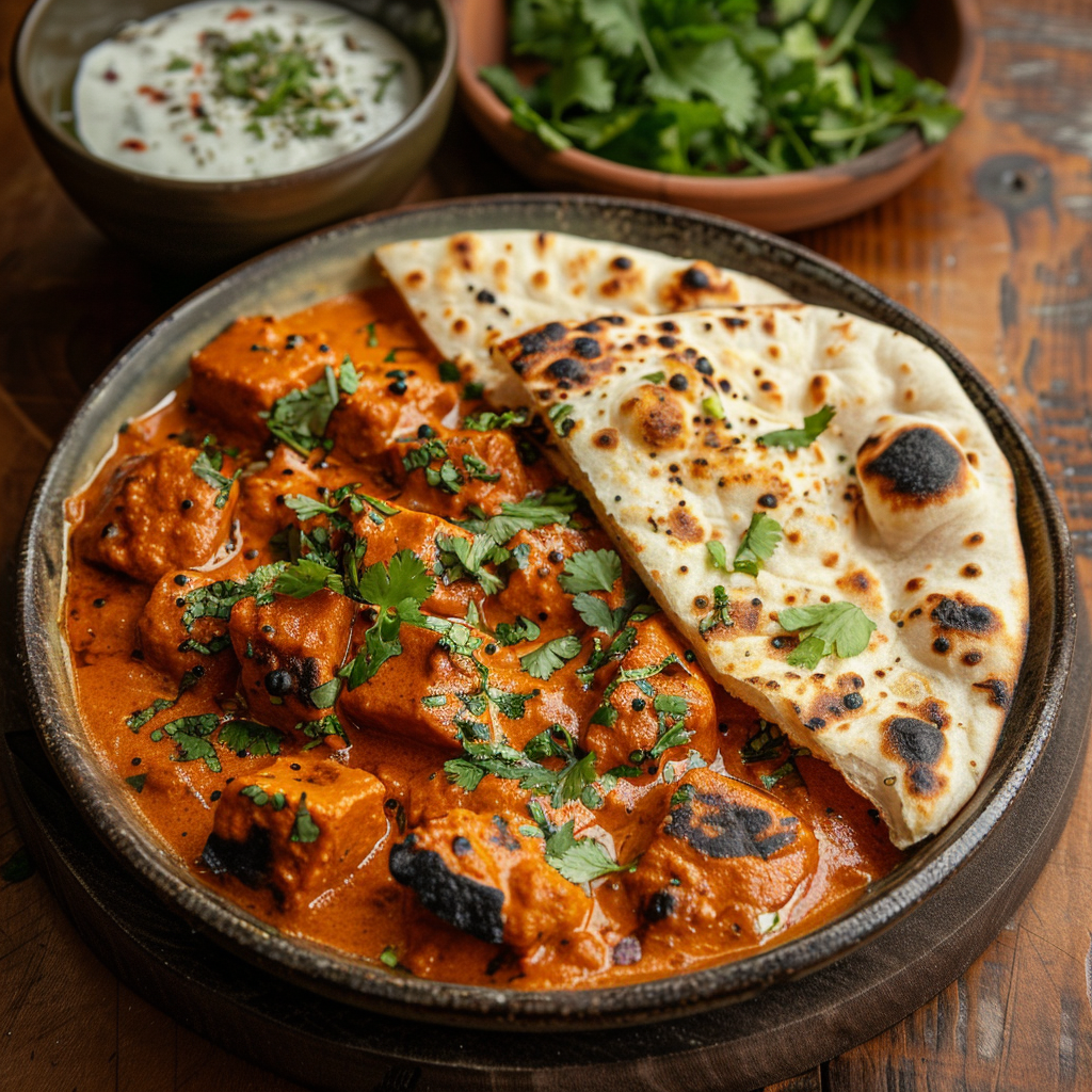 Kip-tikka masala met naanbrood en verse koriander