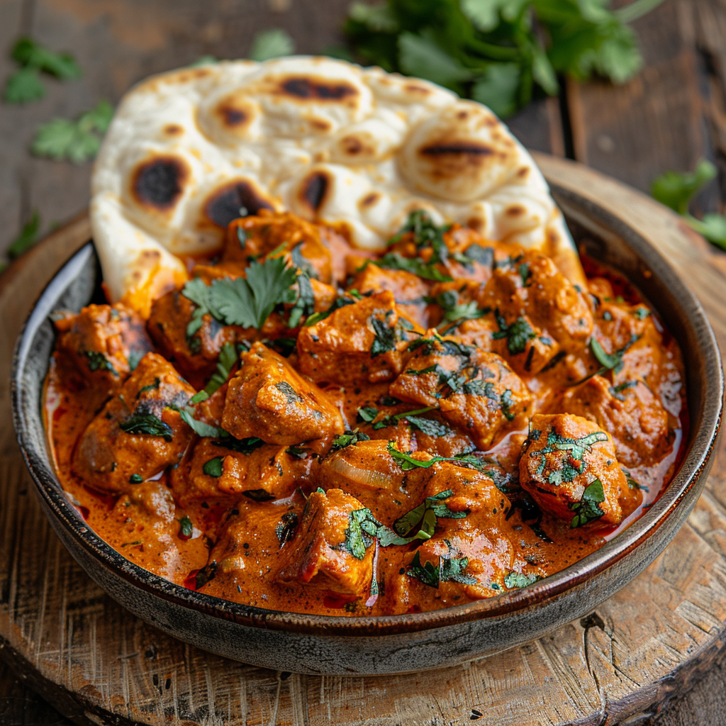 Kip-tikka masala met naanbrood en verse koriander