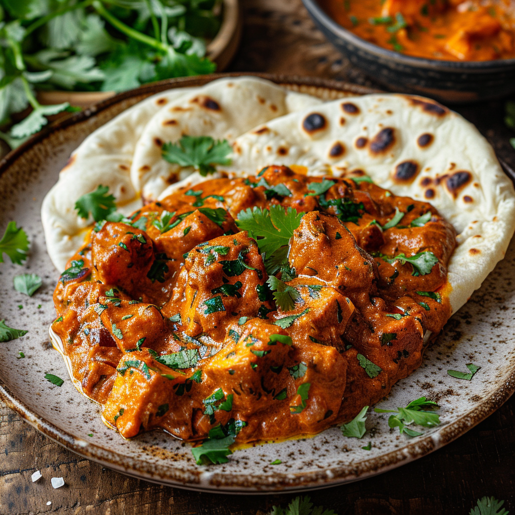 Kip-tikka masala met naanbrood en verse koriander