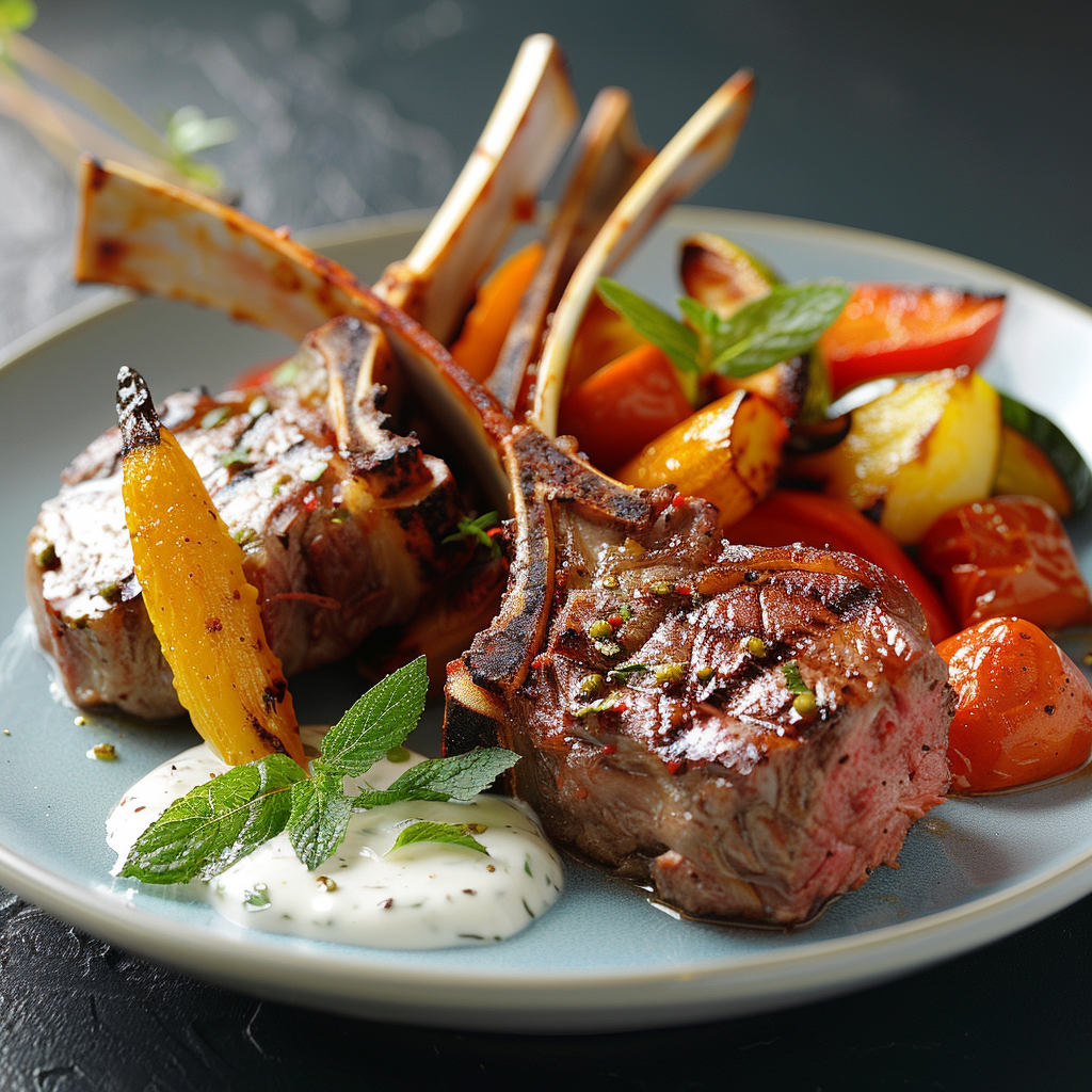 Lamsrack met munt-yoghurtsaus en geroosterde groenten