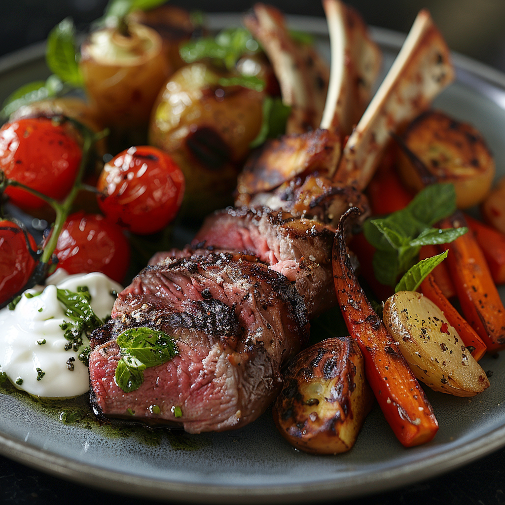 Lamsrack met munt-yoghurtsaus en geroosterde groenten