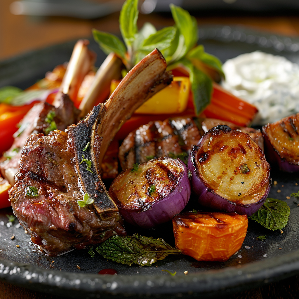 Lamsrack met munt-yoghurtsaus en geroosterde groenten