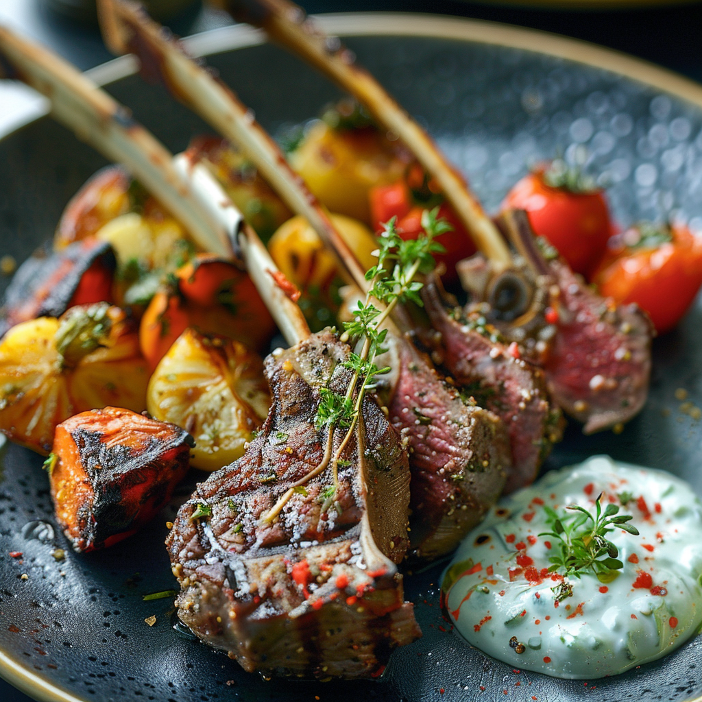 Lamsrack met munt-yoghurtsaus en geroosterde groenten