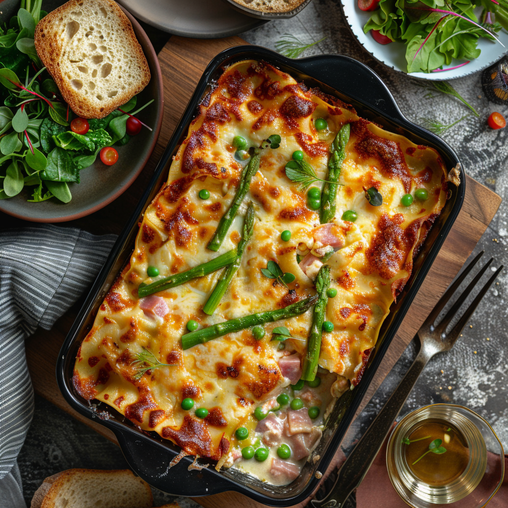 Lasagne met groene asperges en ham
