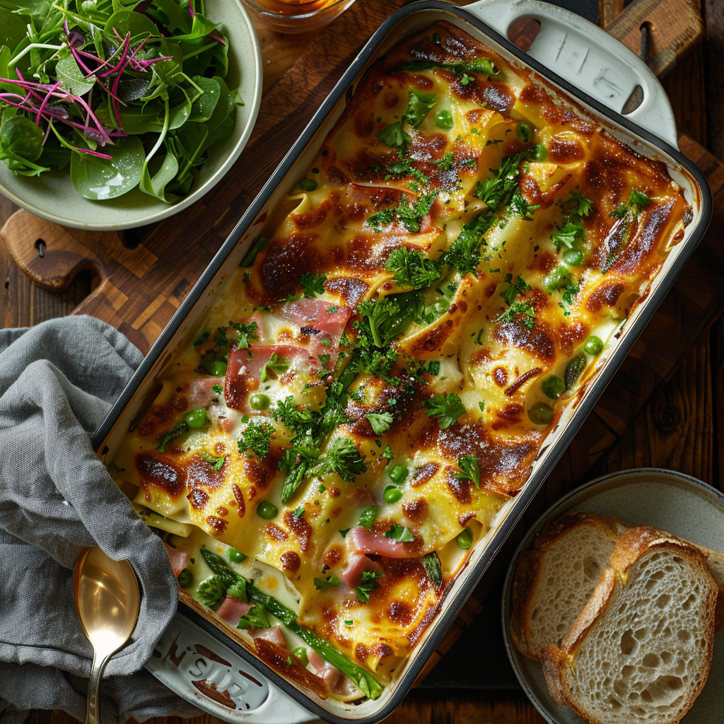 Lasagne met groene asperges en ham