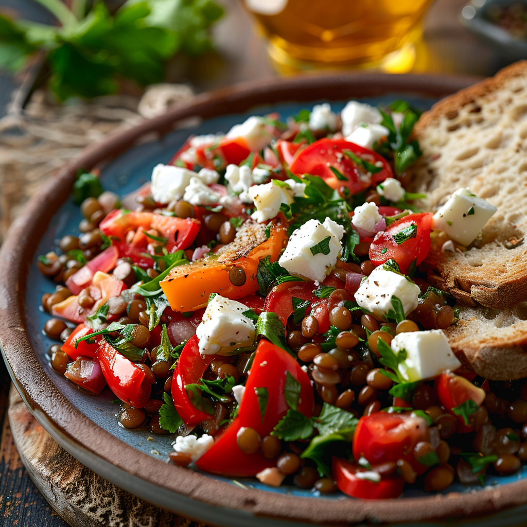 Linzensalade met gegrilde paprika en feta
