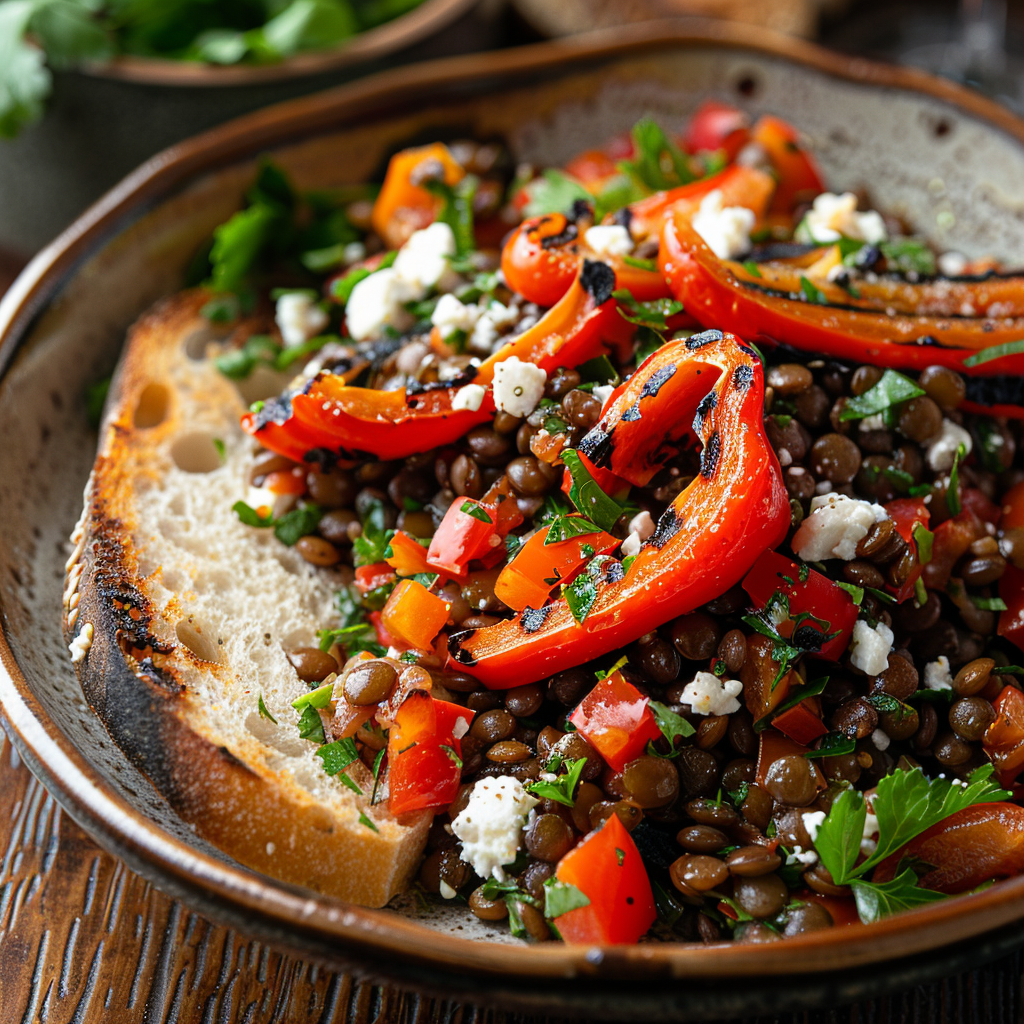 Linzensalade met gegrilde paprika en feta