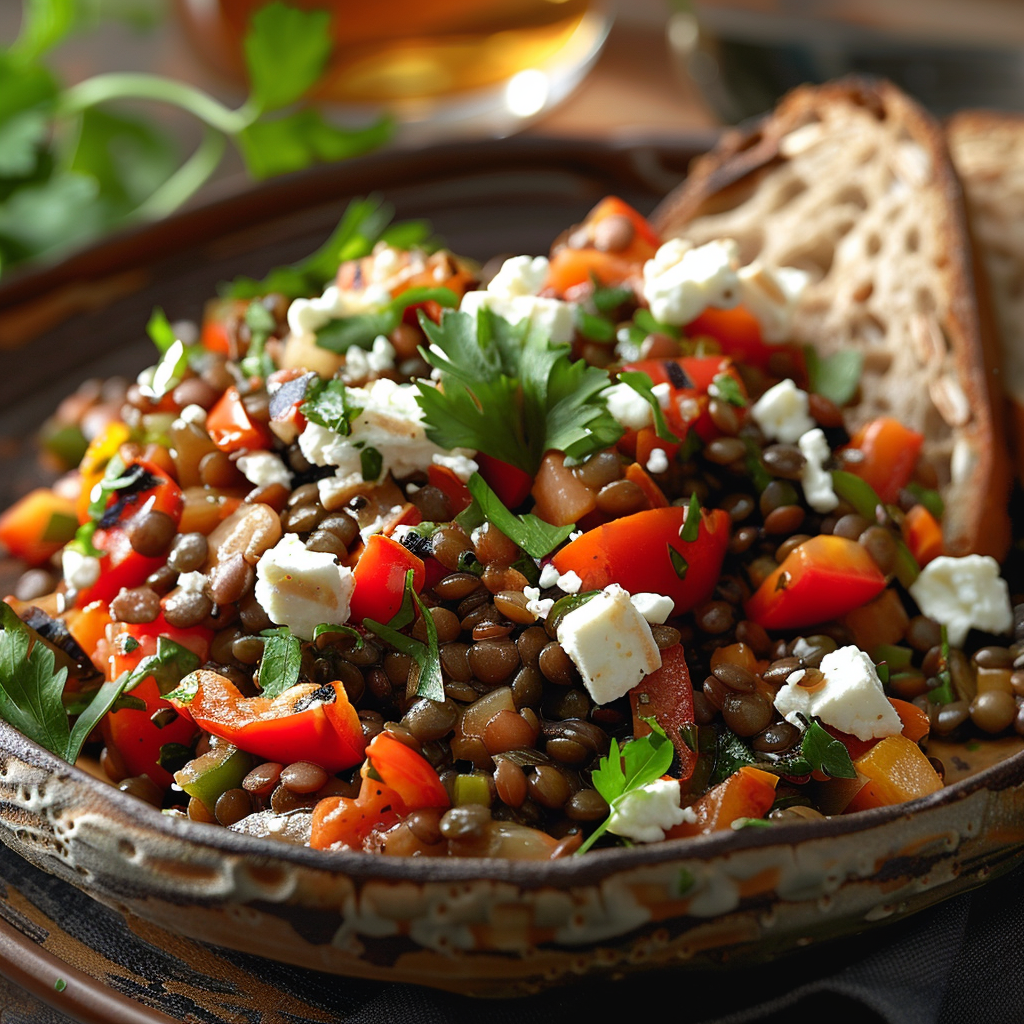 Linzensalade met gegrilde paprika en feta