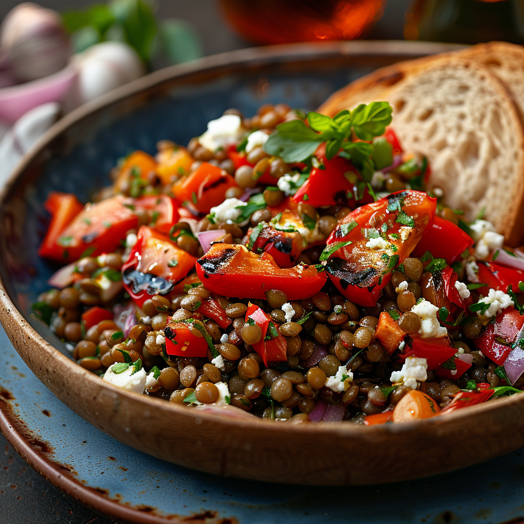 Linzensalade met gegrilde paprika en feta