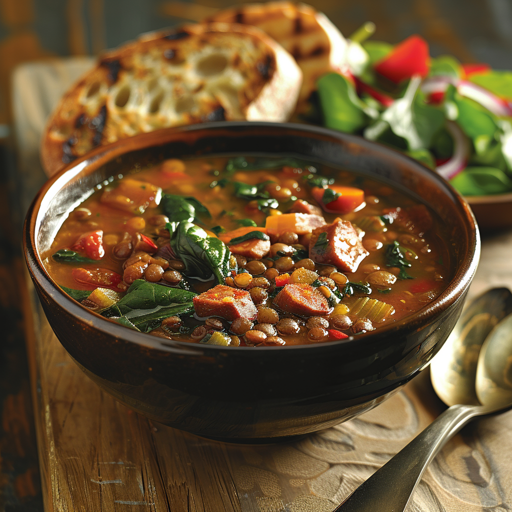 Linzensoep met chorizo en spinazie