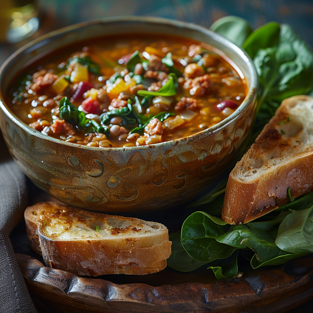 Linzensoep met chorizo en spinazie