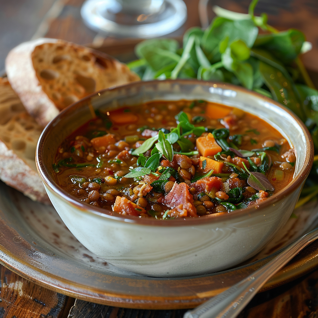 Linzensoep met chorizo en spinazie