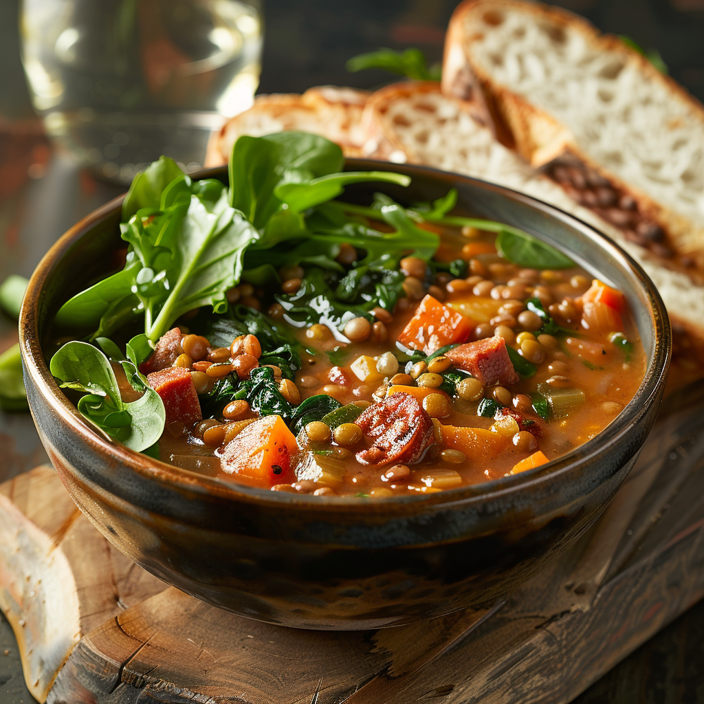 Linzensoep met chorizo en spinazie
