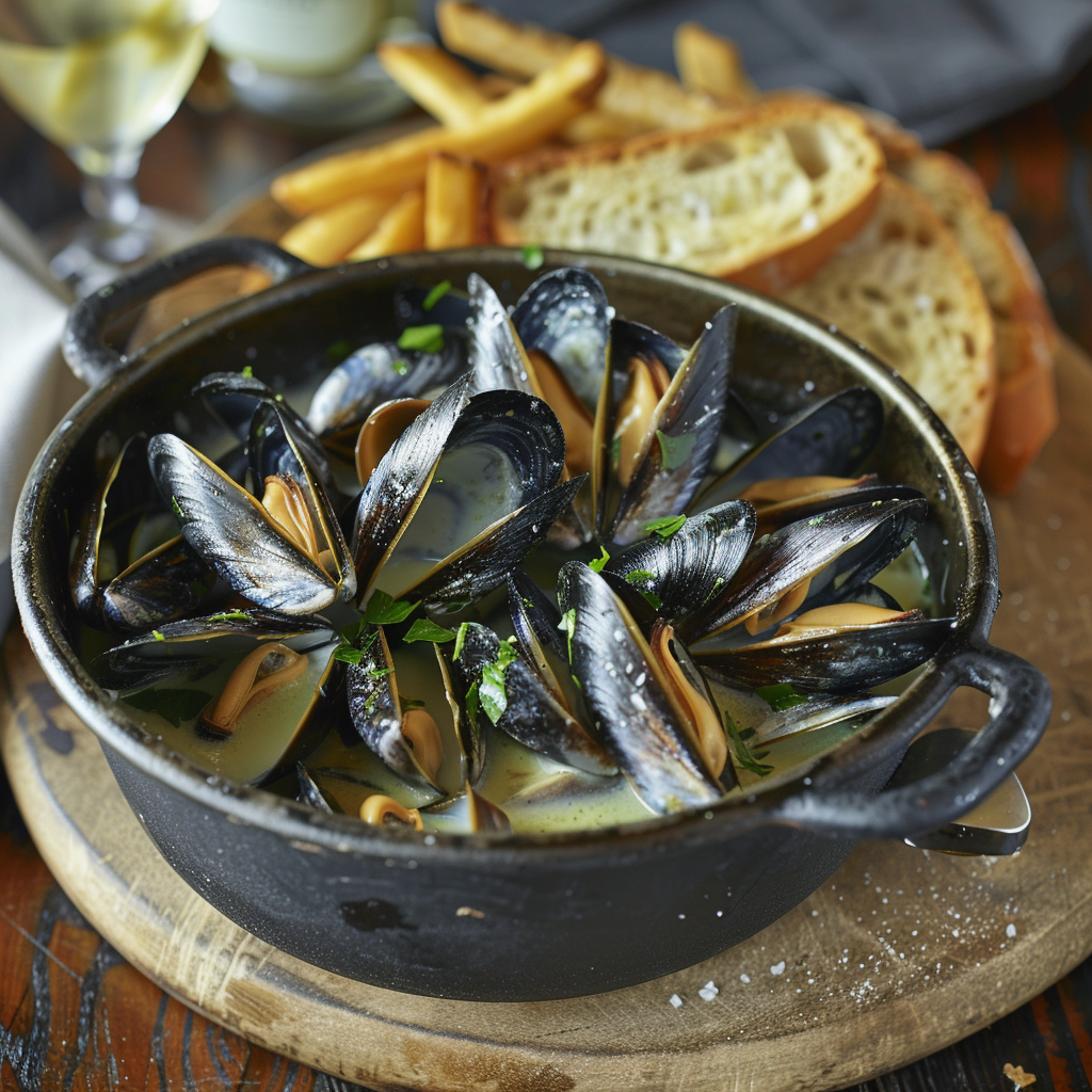 Mosselen in witte wijn met selderij en knoflook