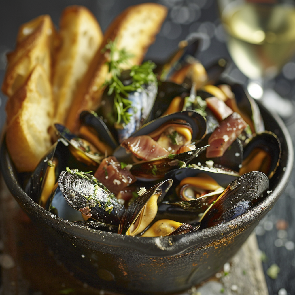 Mosselen in witte wijn met selderij en knoflook