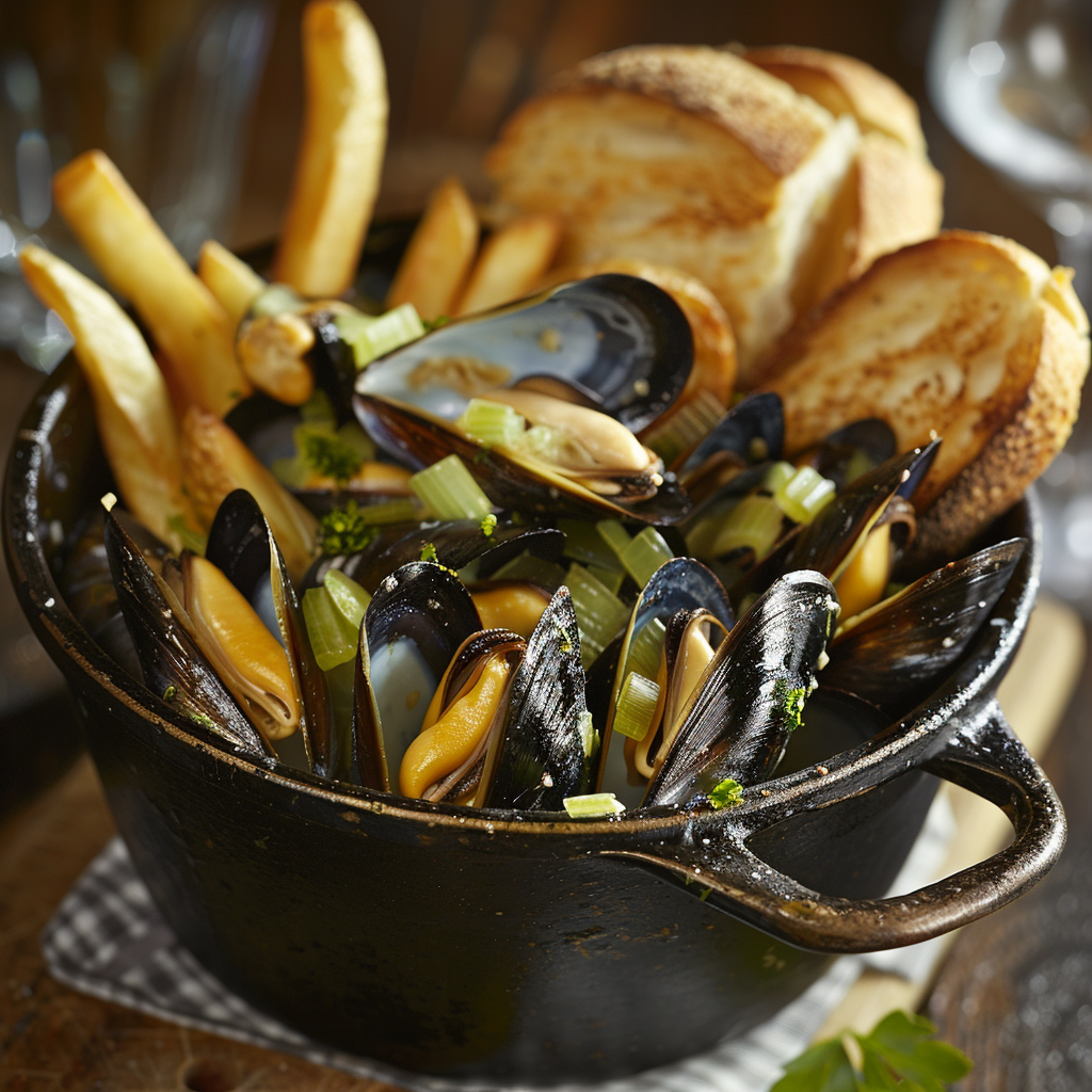 Mosselen in witte wijn met selderij en knoflook