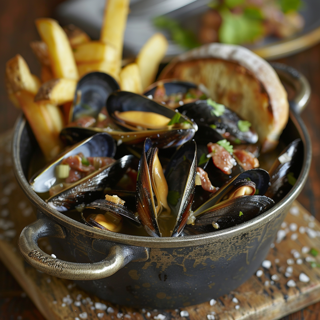 Mosselen in witte wijn met selderij en knoflook