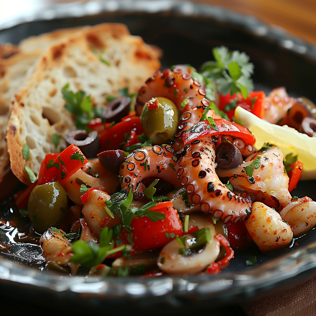 Octopus salade met paprika, olijven en citroen