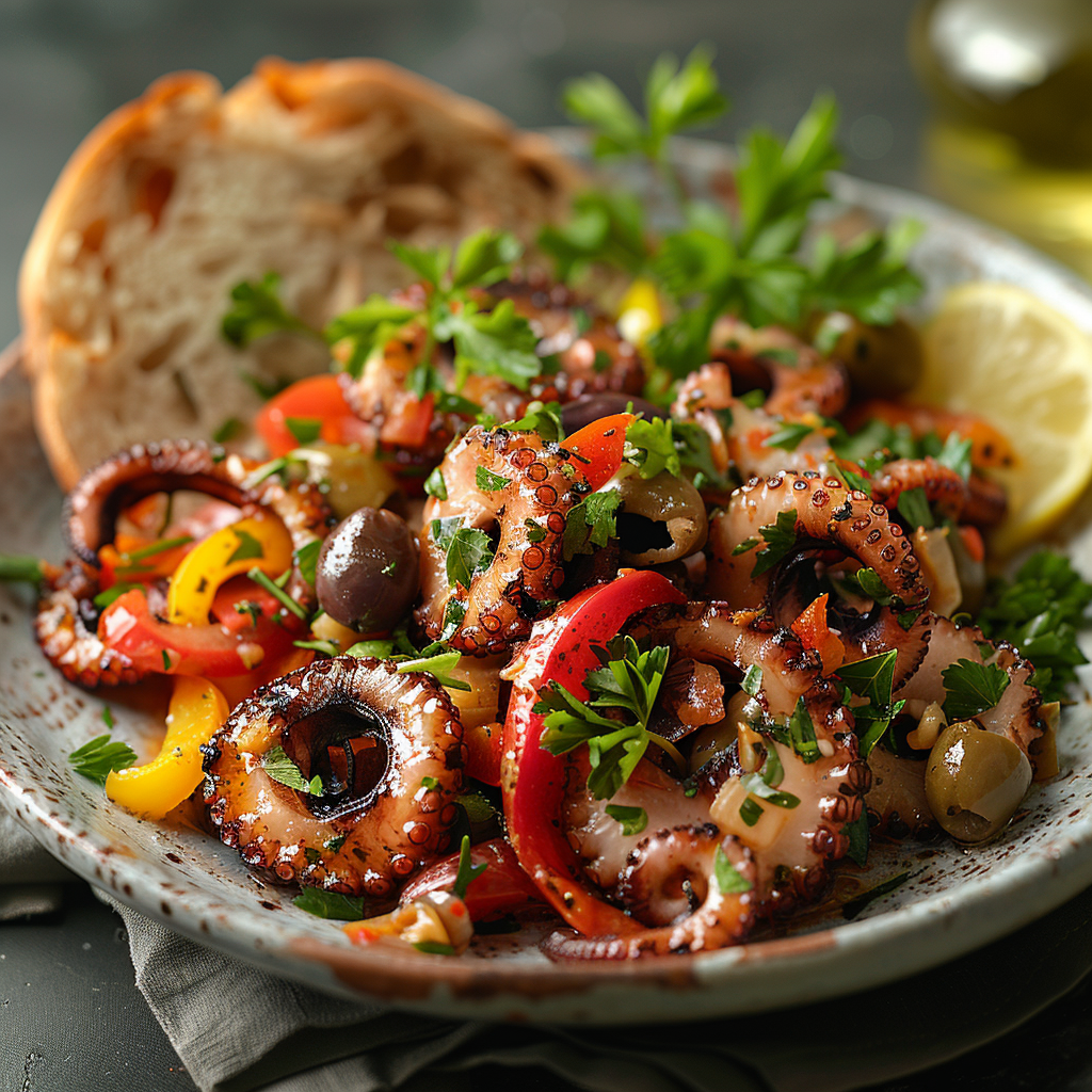 Octopus salade met paprika, olijven en citroen