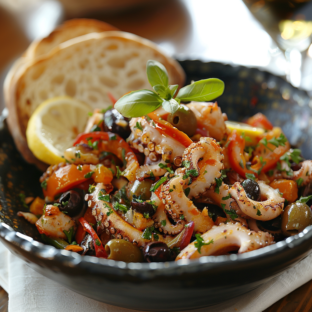 Octopus salade met paprika, olijven en citroen