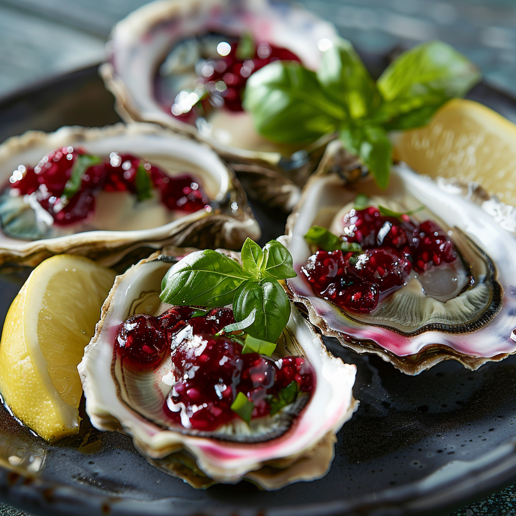 Oesters met vinaigrette van framboos en basilicum