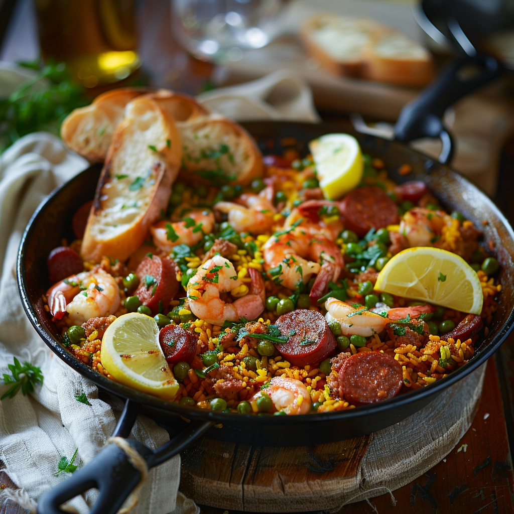 Paella met saffraan, zeevruchten en chorizo