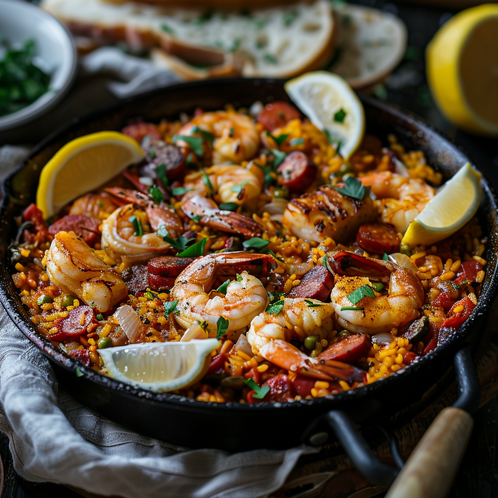 Paella met saffraan, zeevruchten en chorizo